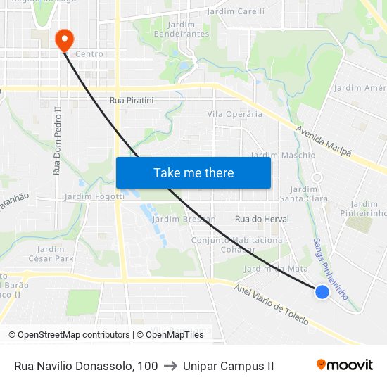 Rua Navílio Donassolo, 100 to Unipar Campus II map