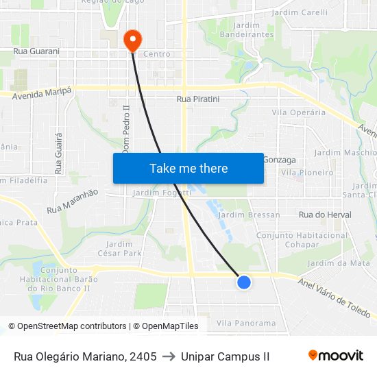 Rua Olegário Mariano, 2405 to Unipar Campus II map