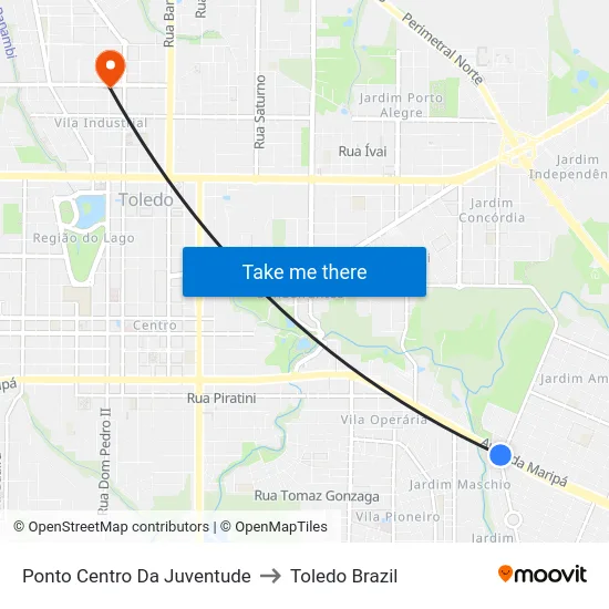 Ponto Centro Da Juventude to Toledo Brazil map