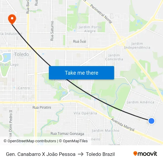 Gen. Canabarro X João Pessoa to Toledo Brazil map