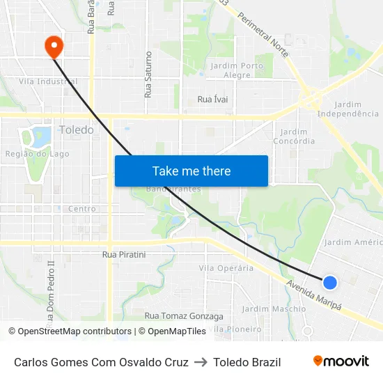 Carlos Gomes Com Osvaldo Cruz to Toledo Brazil map