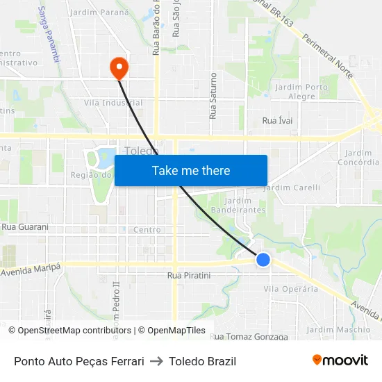 Ponto Auto Peças Ferrari to Toledo Brazil map