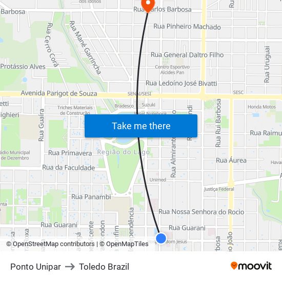 Ponto Unipar to Toledo Brazil map