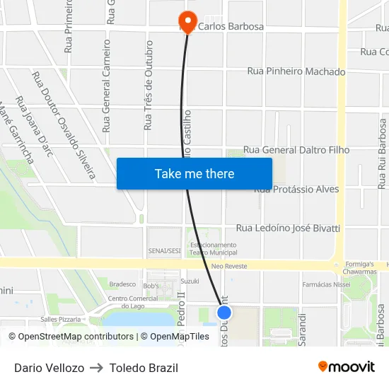 Dario Vellozo to Toledo Brazil map