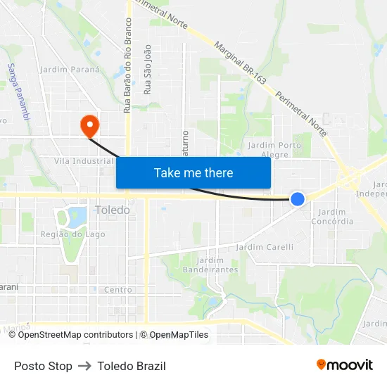 Posto Stop to Toledo Brazil map