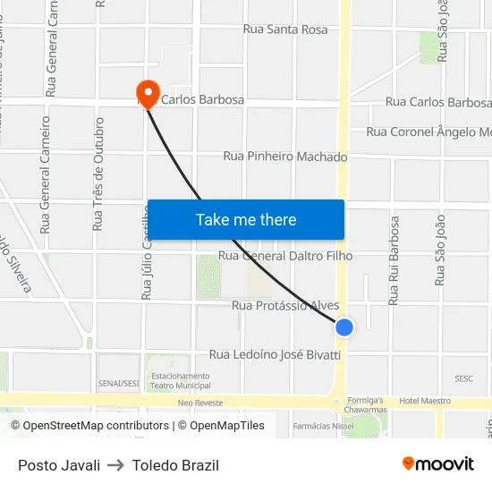 Posto Javali to Toledo Brazil map