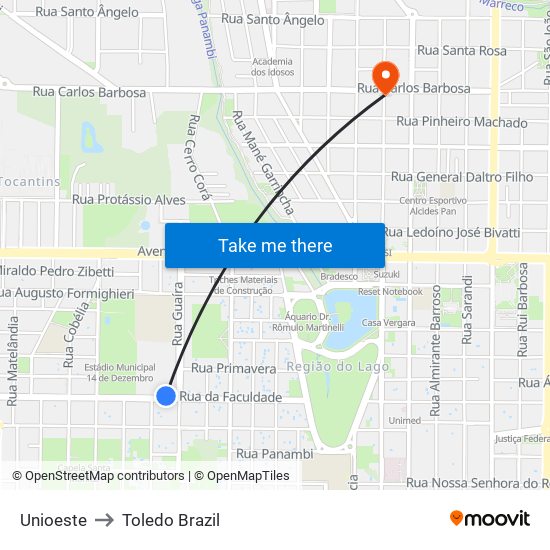 Unioeste to Toledo Brazil map