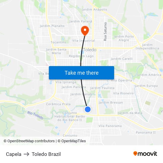 Capela to Toledo Brazil map