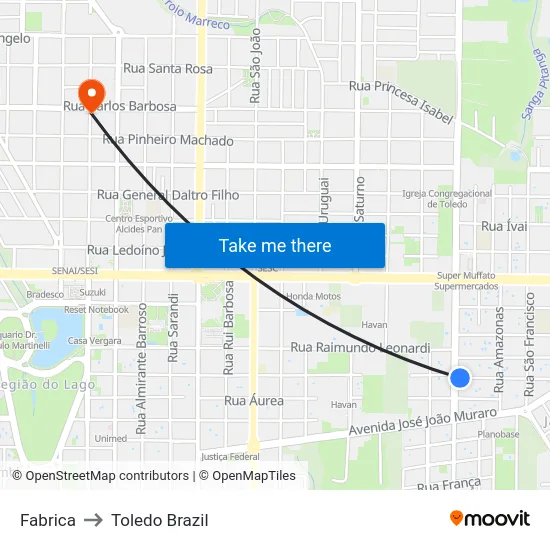 Fabrica to Toledo Brazil map