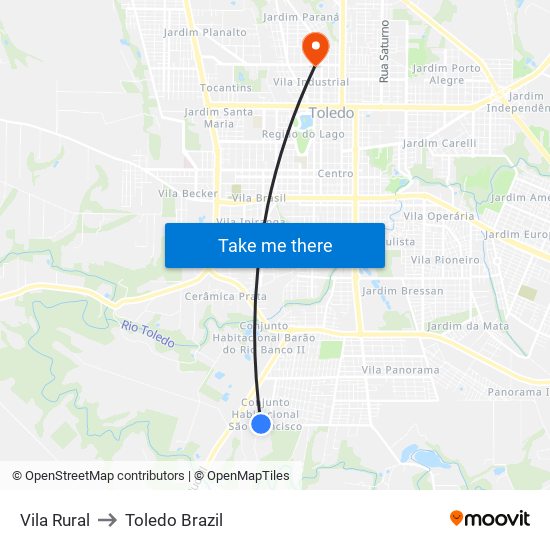 Vila Rural to Toledo Brazil map