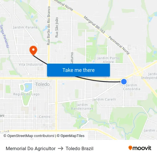 Memorial Do Agricultor to Toledo Brazil map