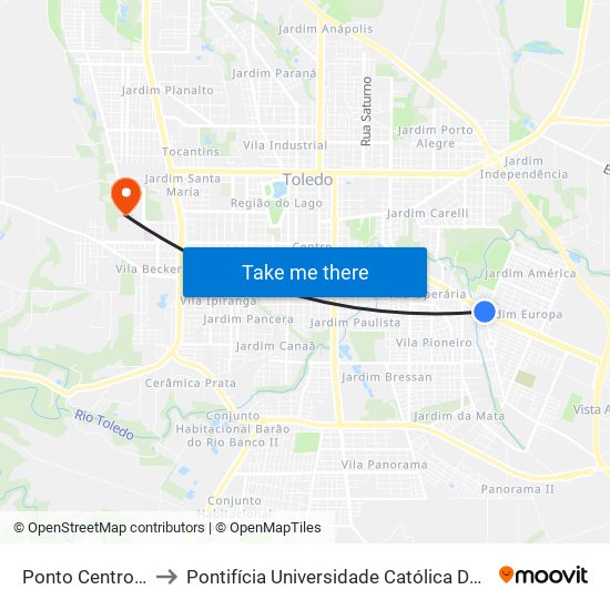Ponto Centro Da Juventude to Pontifícia Universidade Católica Do Paraná Pucpr - Campus Toledo map