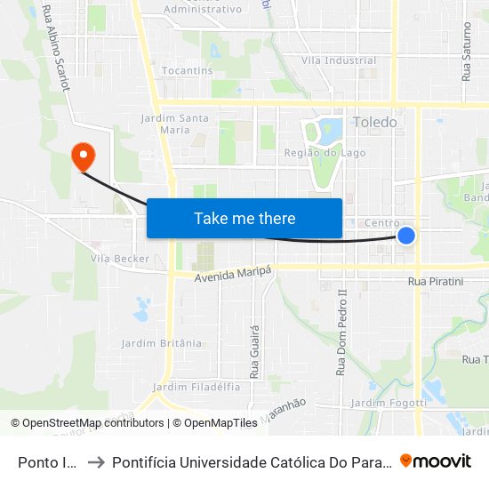 Ponto Incomar to Pontifícia Universidade Católica Do Paraná Pucpr - Campus Toledo map
