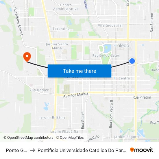 Ponto Garagem to Pontifícia Universidade Católica Do Paraná Pucpr - Campus Toledo map