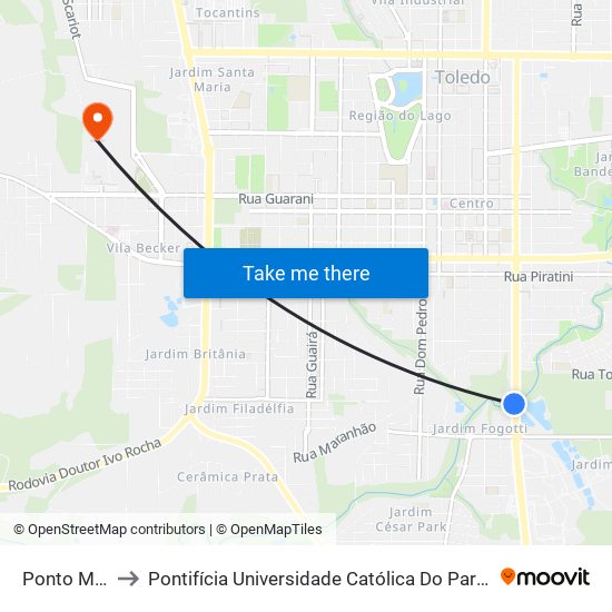 Ponto Madereira to Pontifícia Universidade Católica Do Paraná Pucpr - Campus Toledo map