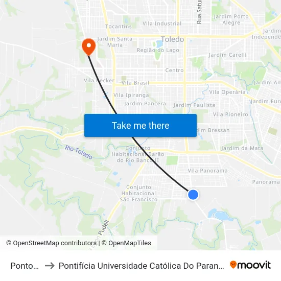 Ponto Usina to Pontifícia Universidade Católica Do Paraná Pucpr - Campus Toledo map