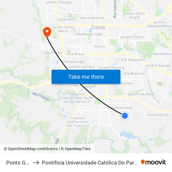 Ponto Gov. Irineu to Pontifícia Universidade Católica Do Paraná Pucpr - Campus Toledo map