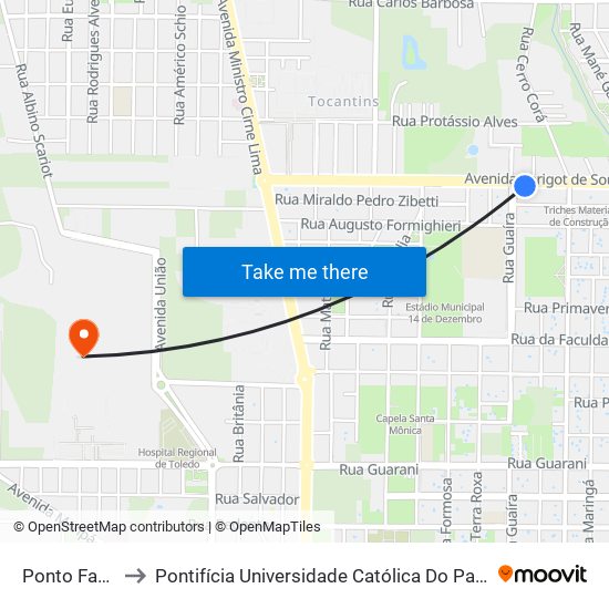 Ponto Favo De Mel to Pontifícia Universidade Católica Do Paraná Pucpr - Campus Toledo map