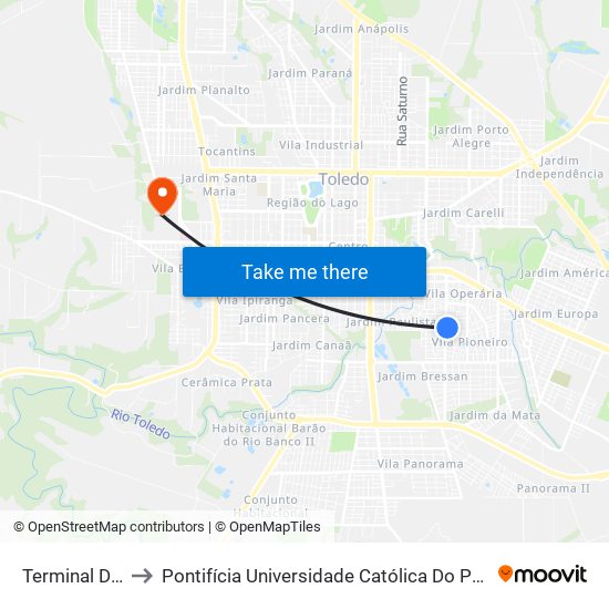 Terminal Da Pioneira to Pontifícia Universidade Católica Do Paraná Pucpr - Campus Toledo map