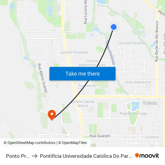 Ponto Prx. Praça to Pontifícia Universidade Católica Do Paraná Pucpr - Campus Toledo map