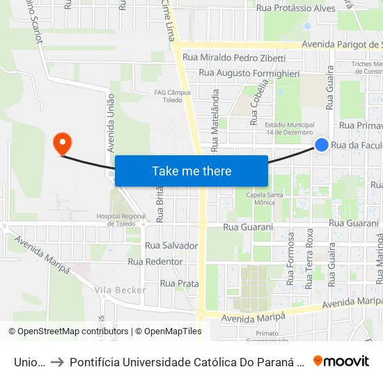 Unioeste to Pontifícia Universidade Católica Do Paraná Pucpr - Campus Toledo map