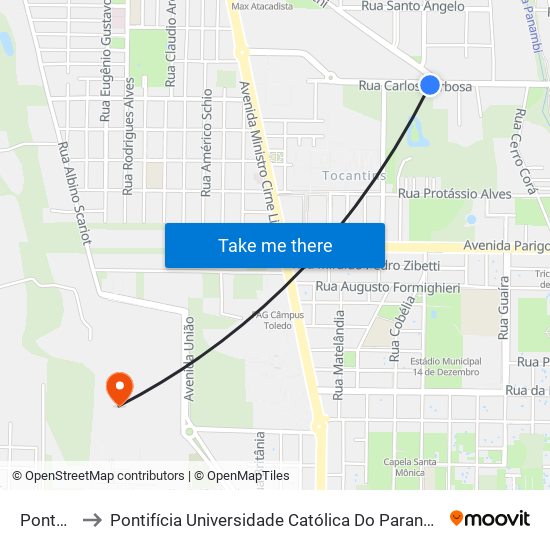 Ponto B&B to Pontifícia Universidade Católica Do Paraná Pucpr - Campus Toledo map