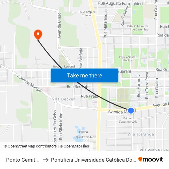 Ponto Cemitério Municipal to Pontifícia Universidade Católica Do Paraná Pucpr - Campus Toledo map