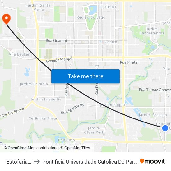 Estofaria Rodrigo to Pontifícia Universidade Católica Do Paraná Pucpr - Campus Toledo map