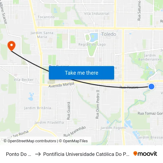 Ponto Do Rio Toledo to Pontifícia Universidade Católica Do Paraná Pucpr - Campus Toledo map