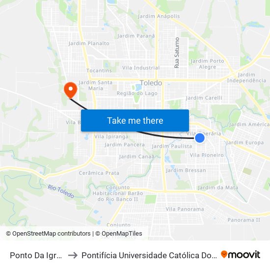 Ponto Da Igreja Evangélica to Pontifícia Universidade Católica Do Paraná Pucpr - Campus Toledo map