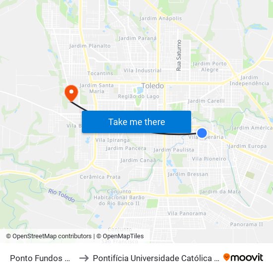 Ponto Fundos Mecanica Brasil Car to Pontifícia Universidade Católica Do Paraná Pucpr - Campus Toledo map