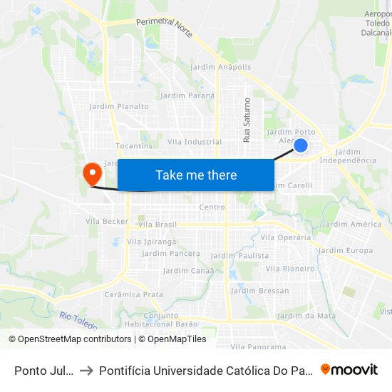 Ponto Julho Verne to Pontifícia Universidade Católica Do Paraná Pucpr - Campus Toledo map