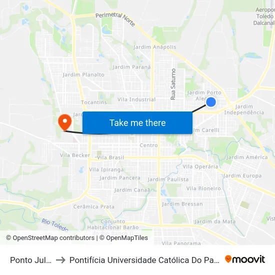 Ponto Julho Verne to Pontifícia Universidade Católica Do Paraná Pucpr - Campus Toledo map