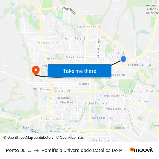 Ponto  Júlio Verne 2 to Pontifícia Universidade Católica Do Paraná Pucpr - Campus Toledo map