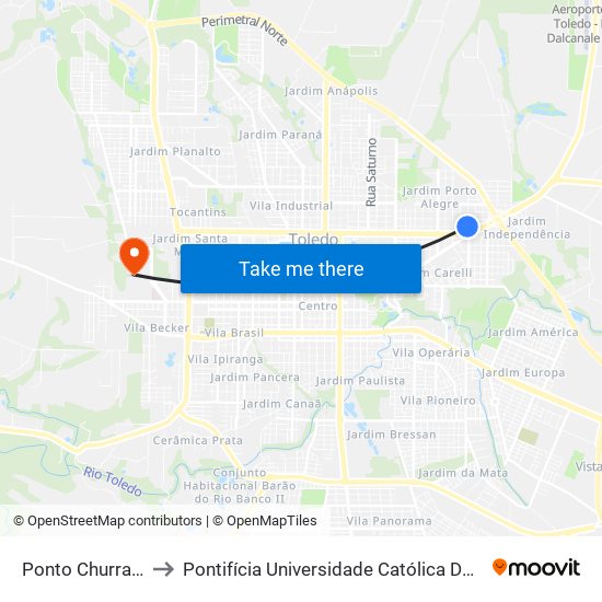 Ponto Churrascaria Millano to Pontifícia Universidade Católica Do Paraná Pucpr - Campus Toledo map