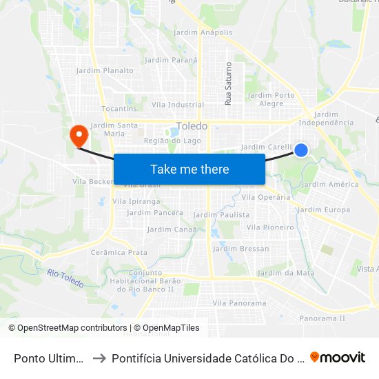 Ponto Ultimo Bombardeli to Pontifícia Universidade Católica Do Paraná Pucpr - Campus Toledo map