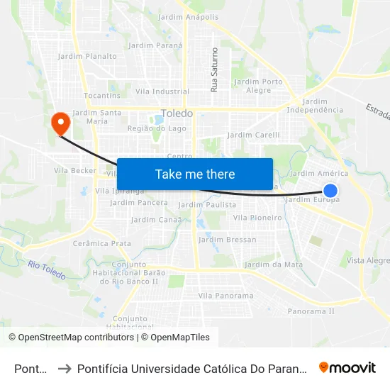 Ponto 1,99 to Pontifícia Universidade Católica Do Paraná Pucpr - Campus Toledo map