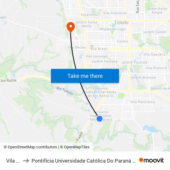 Vila Rural to Pontifícia Universidade Católica Do Paraná Pucpr - Campus Toledo map