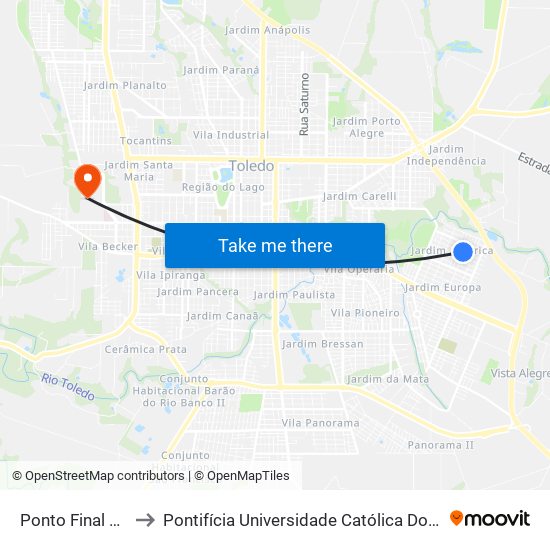 Ponto Final Santa Clara IV to Pontifícia Universidade Católica Do Paraná Pucpr - Campus Toledo map