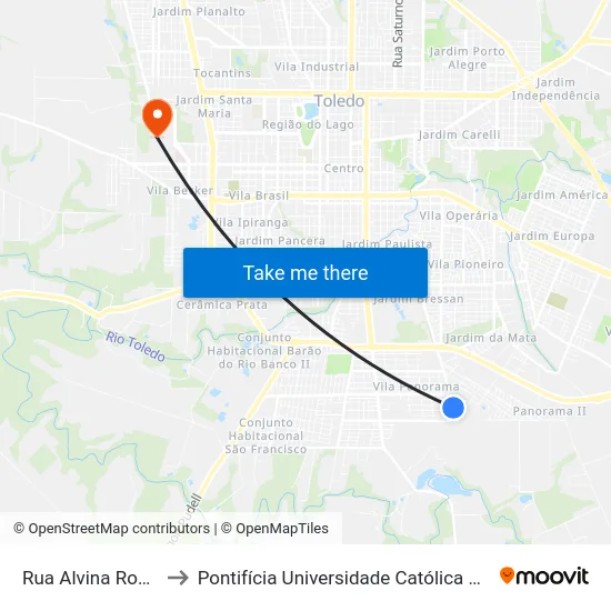 Rua Alvina Rosa Medeiros, 156 to Pontifícia Universidade Católica Do Paraná Pucpr - Campus Toledo map