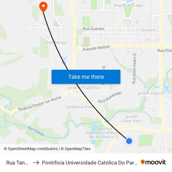 Rua Tangará, 420 to Pontifícia Universidade Católica Do Paraná Pucpr - Campus Toledo map