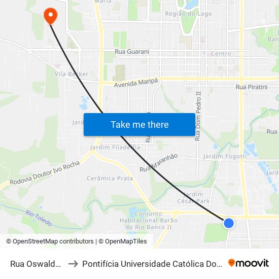 Rua Oswaldo Aranha, 129 to Pontifícia Universidade Católica Do Paraná Pucpr - Campus Toledo map