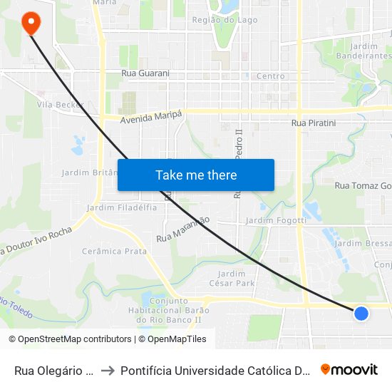 Rua Olegário Mariano, 2405 to Pontifícia Universidade Católica Do Paraná Pucpr - Campus Toledo map