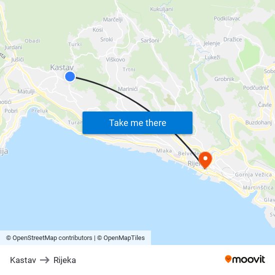 Kastav to Rijeka map