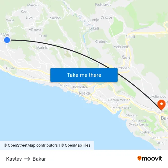 Kastav to Bakar map