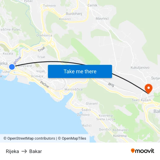 Rijeka to Bakar map