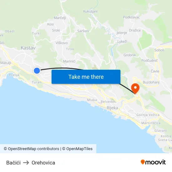 Bačići to Orehovica map