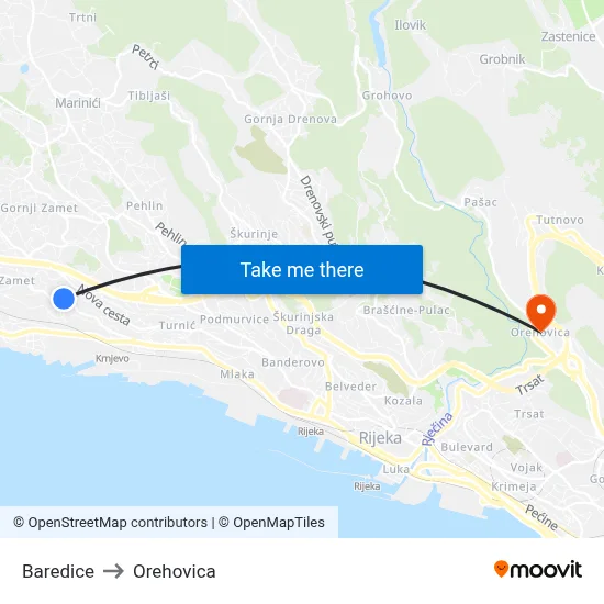 Baredice to Orehovica map