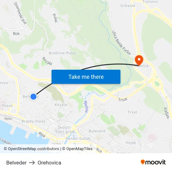 Belveder to Orehovica map