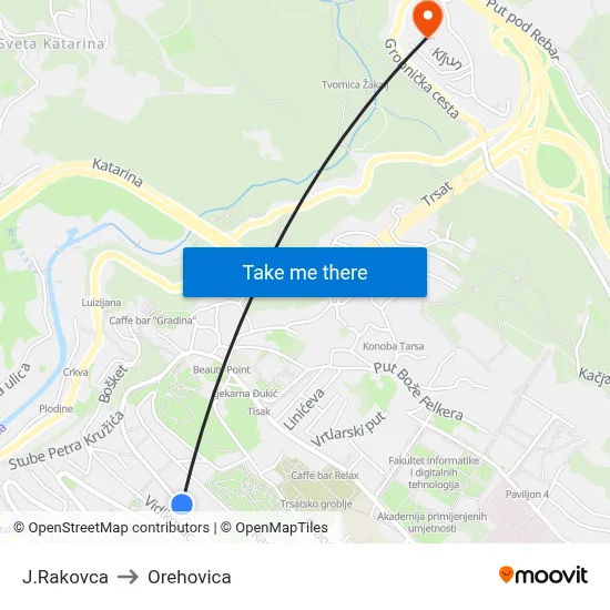 J.Rakovca to Orehovica map